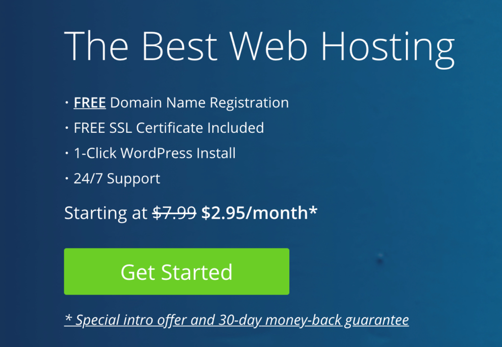 BlueHost Web Hosting Offer advertisement with a get started button