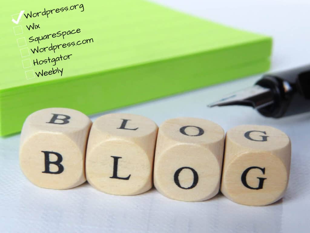 Website platforms listed on a piece of paper and the word blog spelled out in blocks