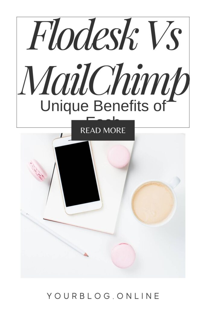 Laptop on a white desk with flowers and the wording Flodesk VS Mailchimp th unique benefits of each